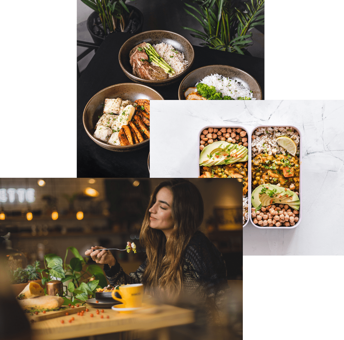 Omnifood images of meals in storage container, food bowls, and woman enjoying food